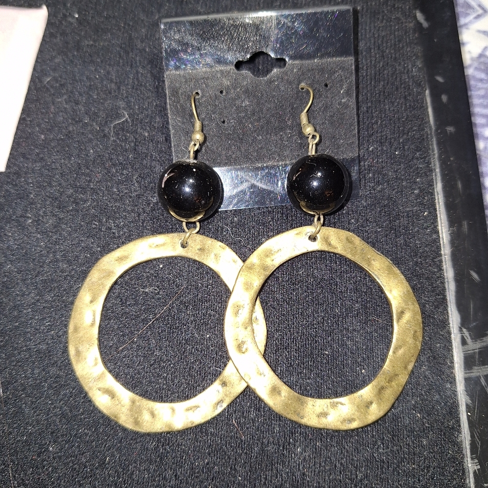 Earrings Brass Artisan  circular hammered brass dangle earrings with black ball